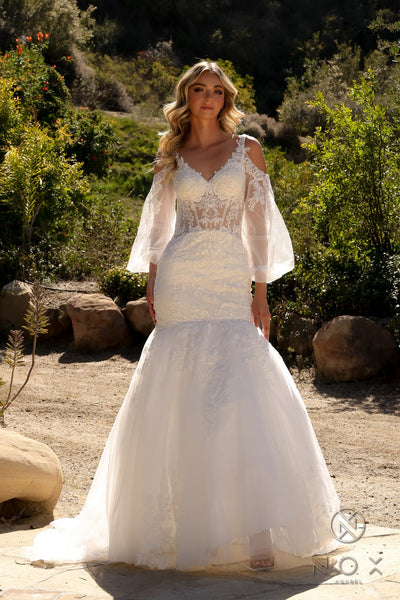 Applique Bell Sleeve Bridal Mermaid Dress by Nox Anabel JE983L