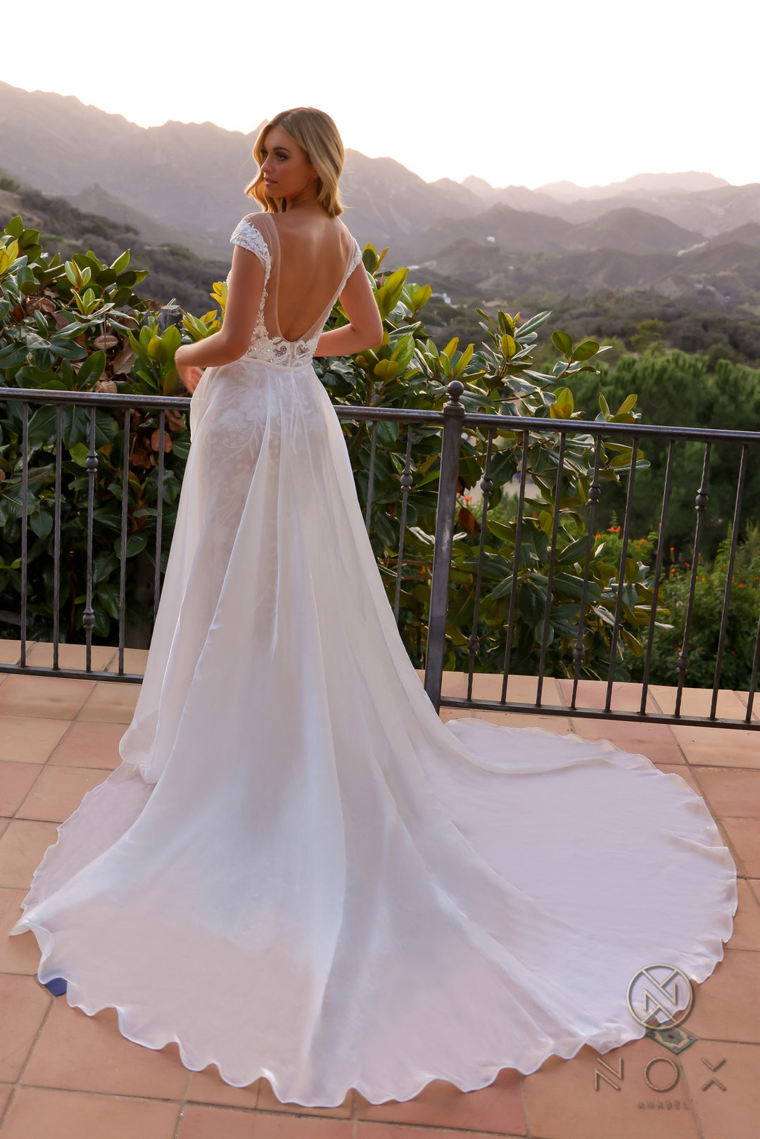 Beaded Cap Sleeve Bridal Overskirt Gown by Nox Anabel JE995L