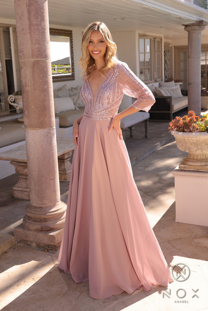 Embellished 3/4 Sleeve A-line Gown by Nox Anabel MF101