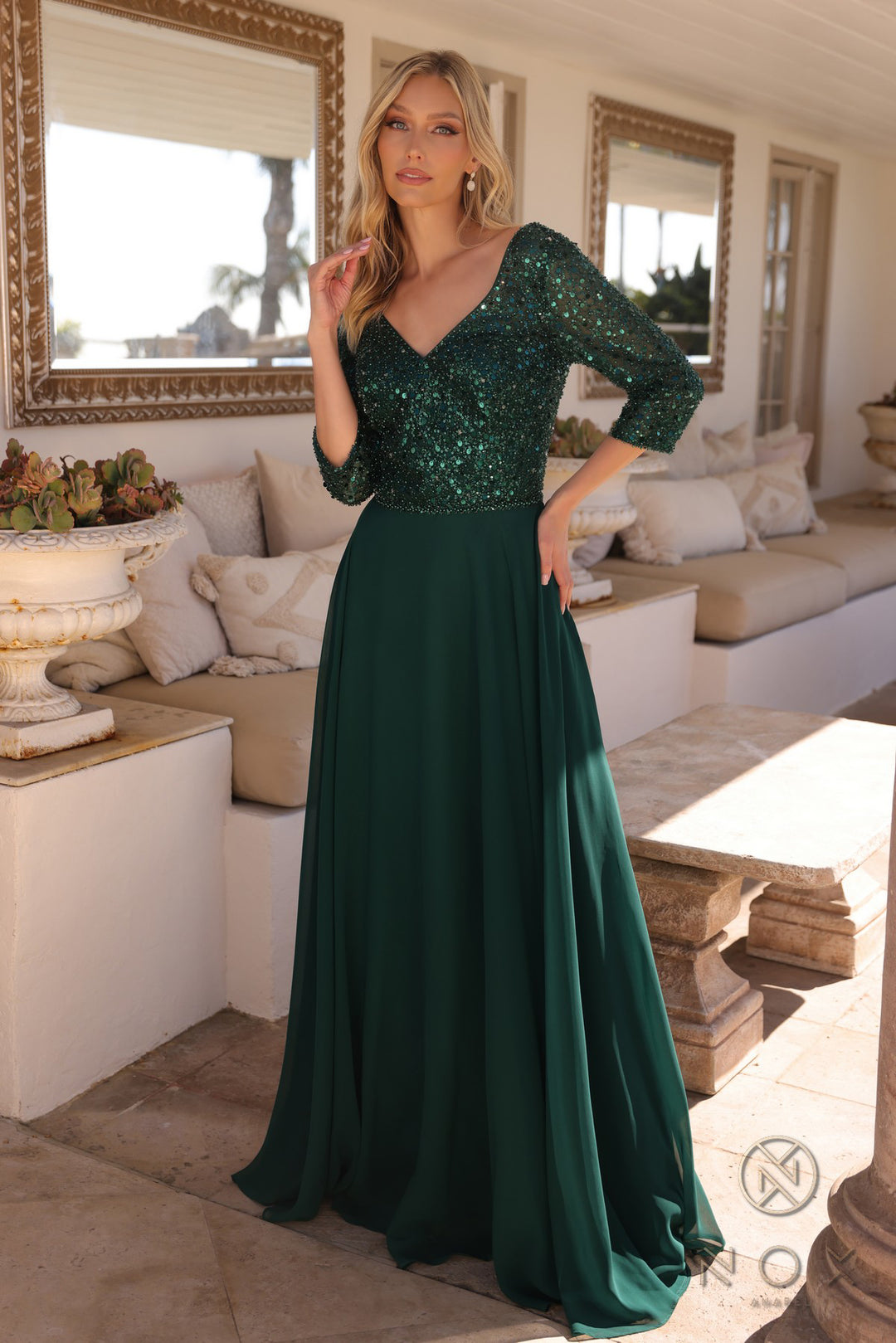 Sequin Bodice 3/4 Sleeve A-line Gown by Nox Anabel MF103