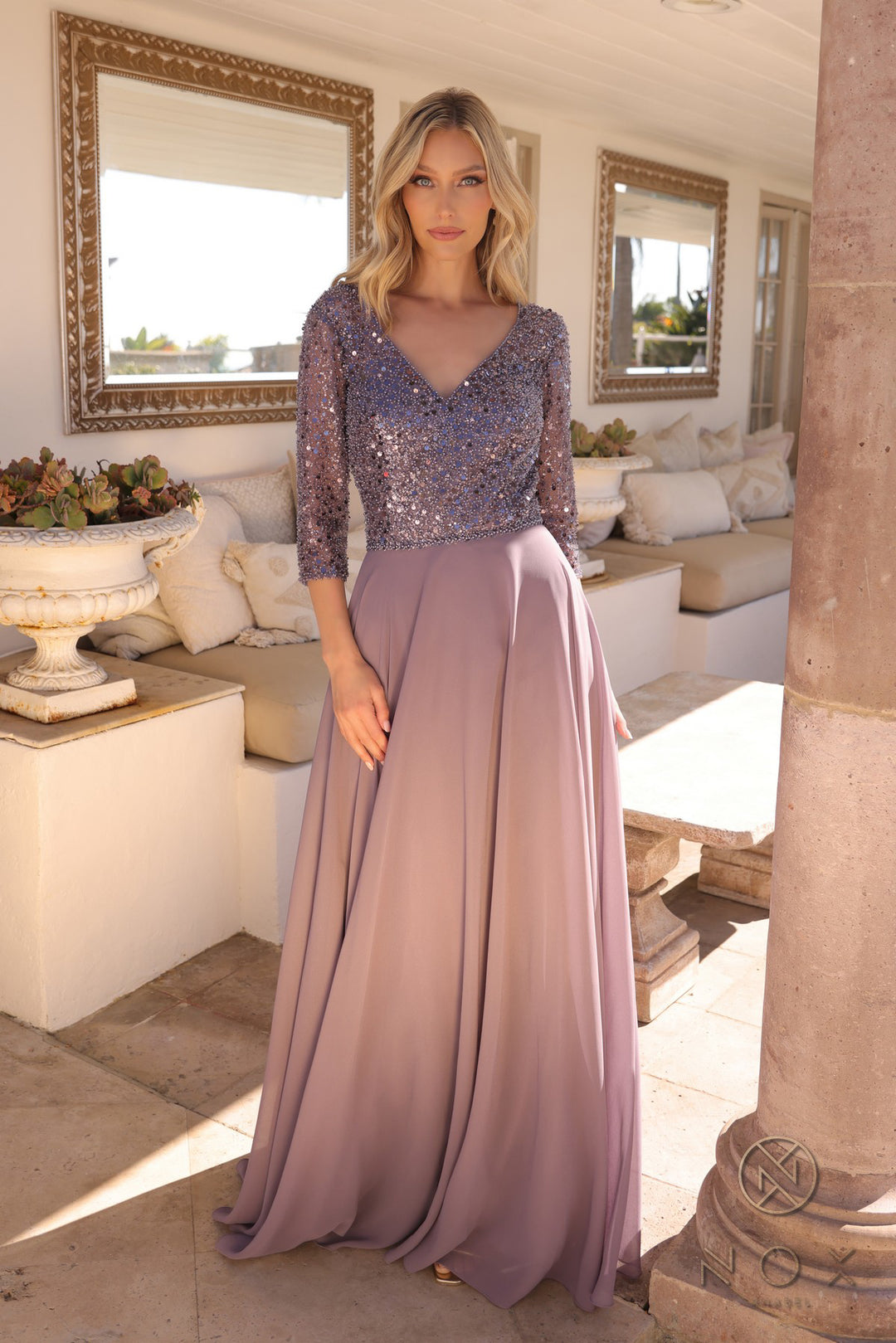 Sequin Bodice 3/4 Sleeve A-line Gown by Nox Anabel MF103