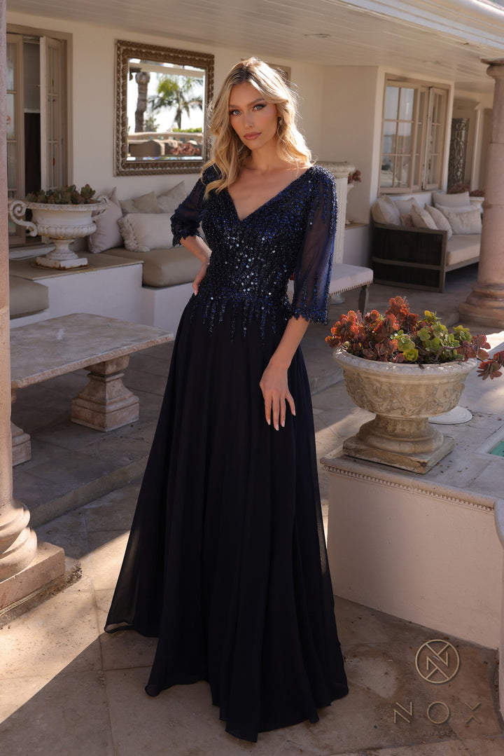 Sequin Bodice 3/4 Sleeve A-line Gown by Nox Anabel MF100