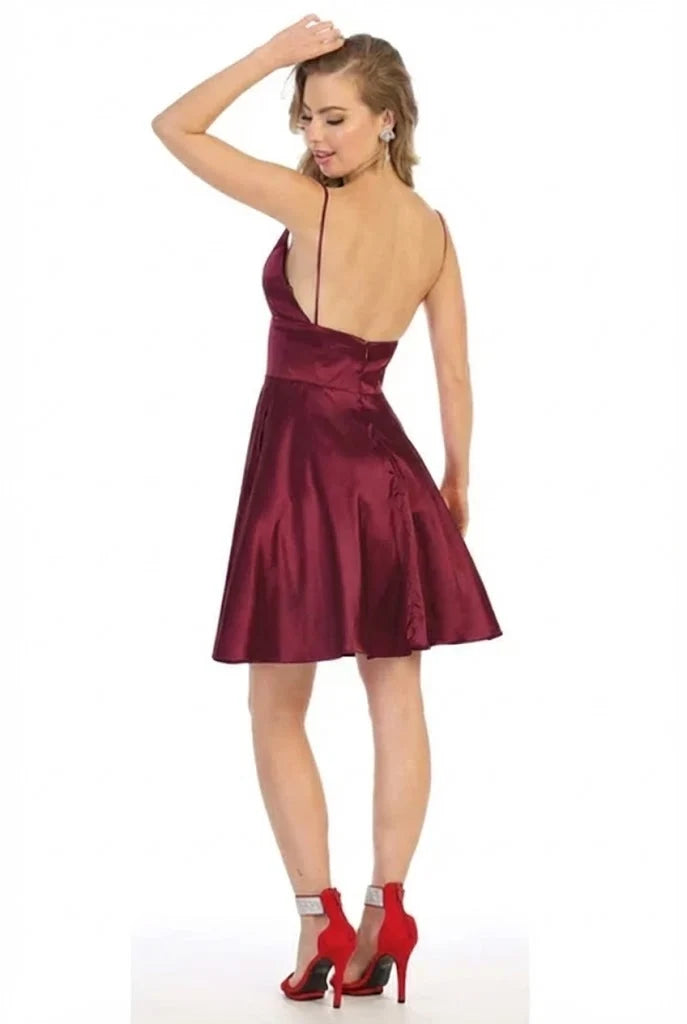 Satin Short V-Neck A-line Dress by May Queen MQ1770