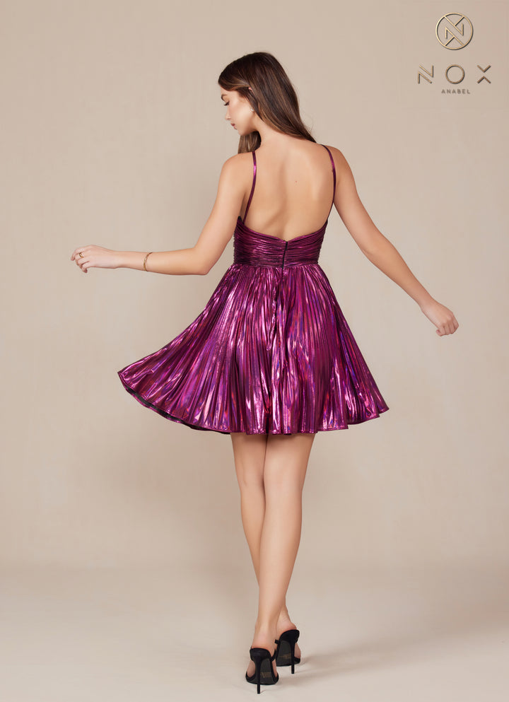 Pleated Short Metallic A-line Dress by Nox Anabel K823