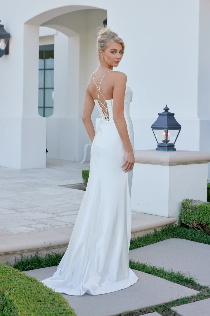 White Corset Cowl Satin Gown by Nox Anabel E1042W