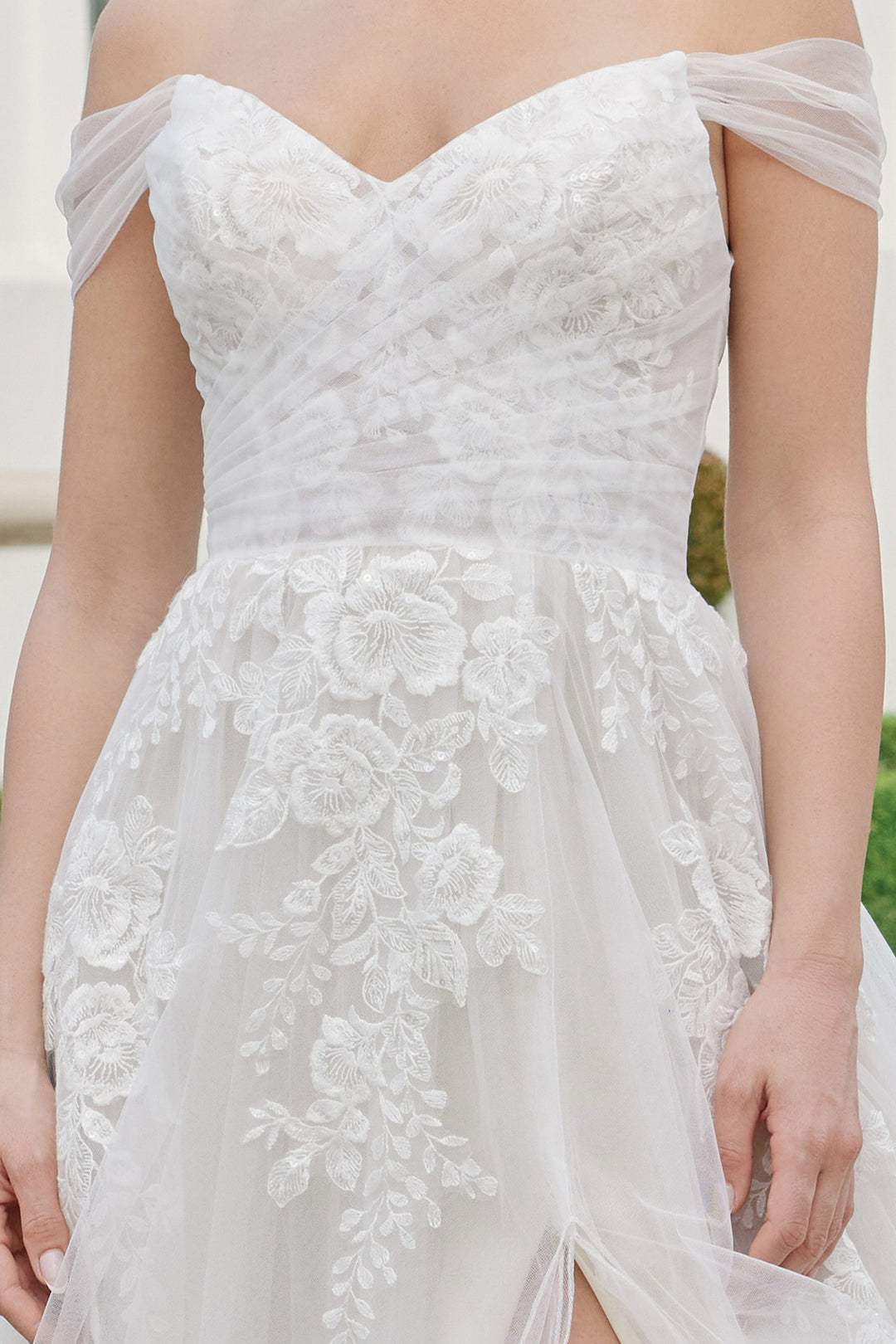 Floral Applique Off Shoulder Bridal Slit Gown by Nox Anabel JE953