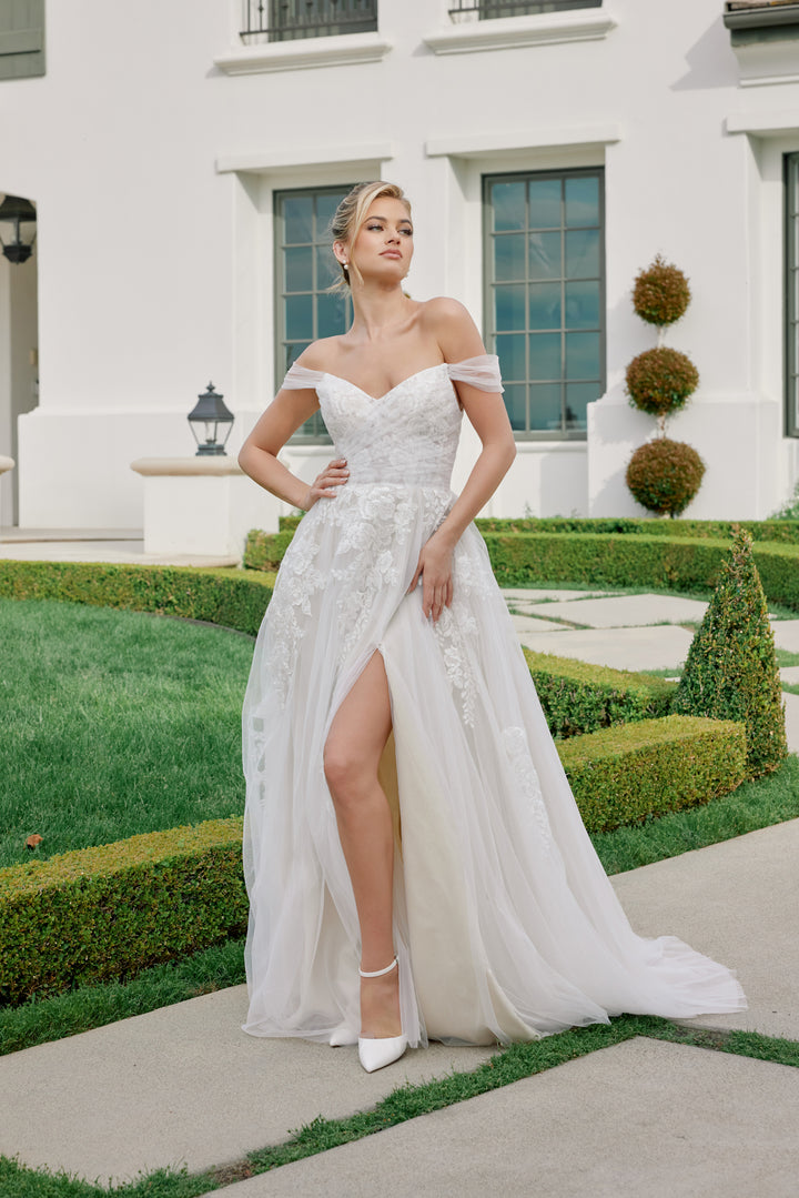 Floral Applique Off Shoulder Bridal Slit Gown by Nox Anabel JE953