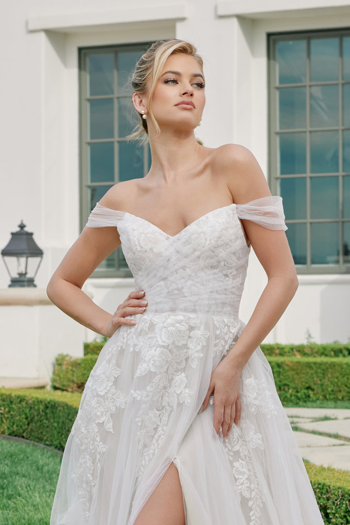 Floral Applique Off Shoulder Bridal Slit Gown by Nox Anabel JE953