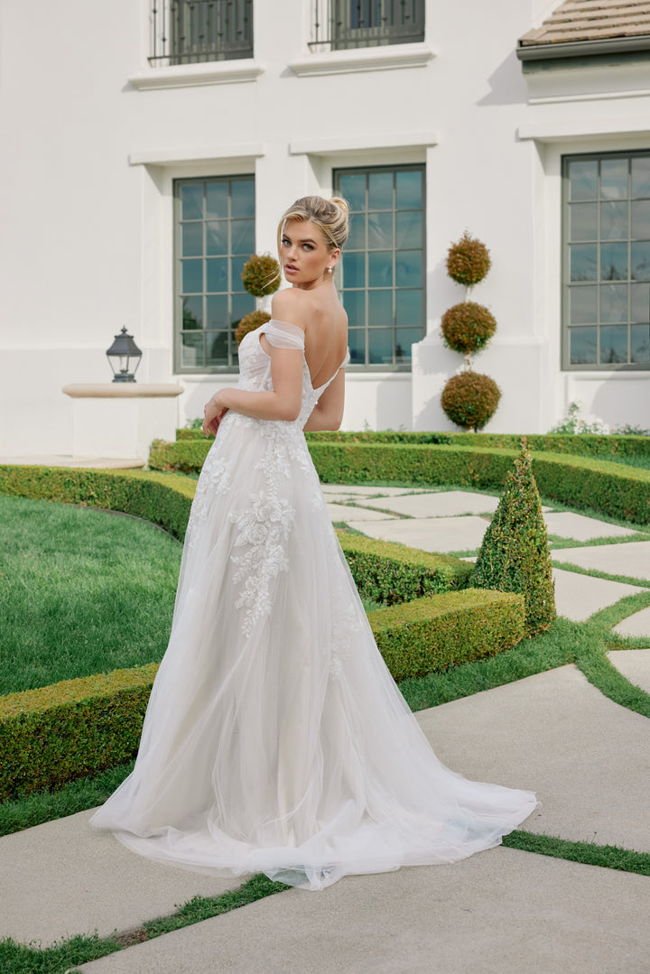 Floral Applique Off Shoulder Bridal Slit Gown by Nox Anabel JE953