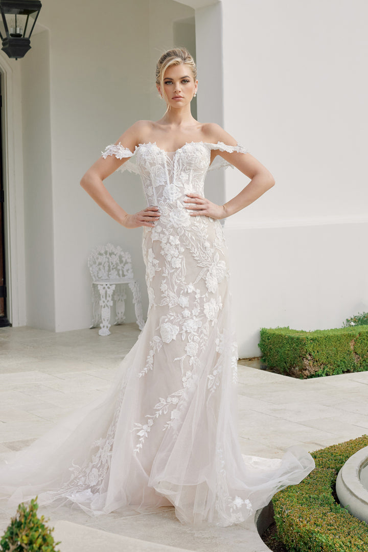 Applique Off Shoulder Bridal Mermaid Gown by Nox Anabel JE974 - Outlet