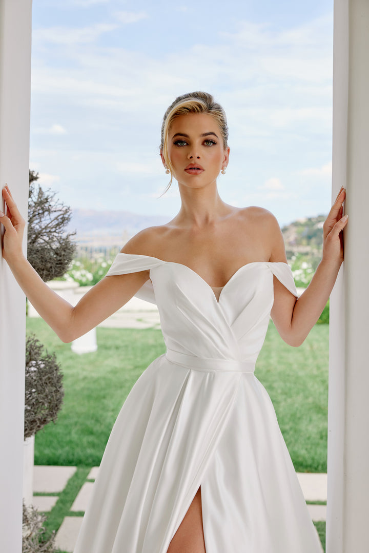 Satin Off Shoulder Slit Bridal Gown by Nox Anabel JE1016