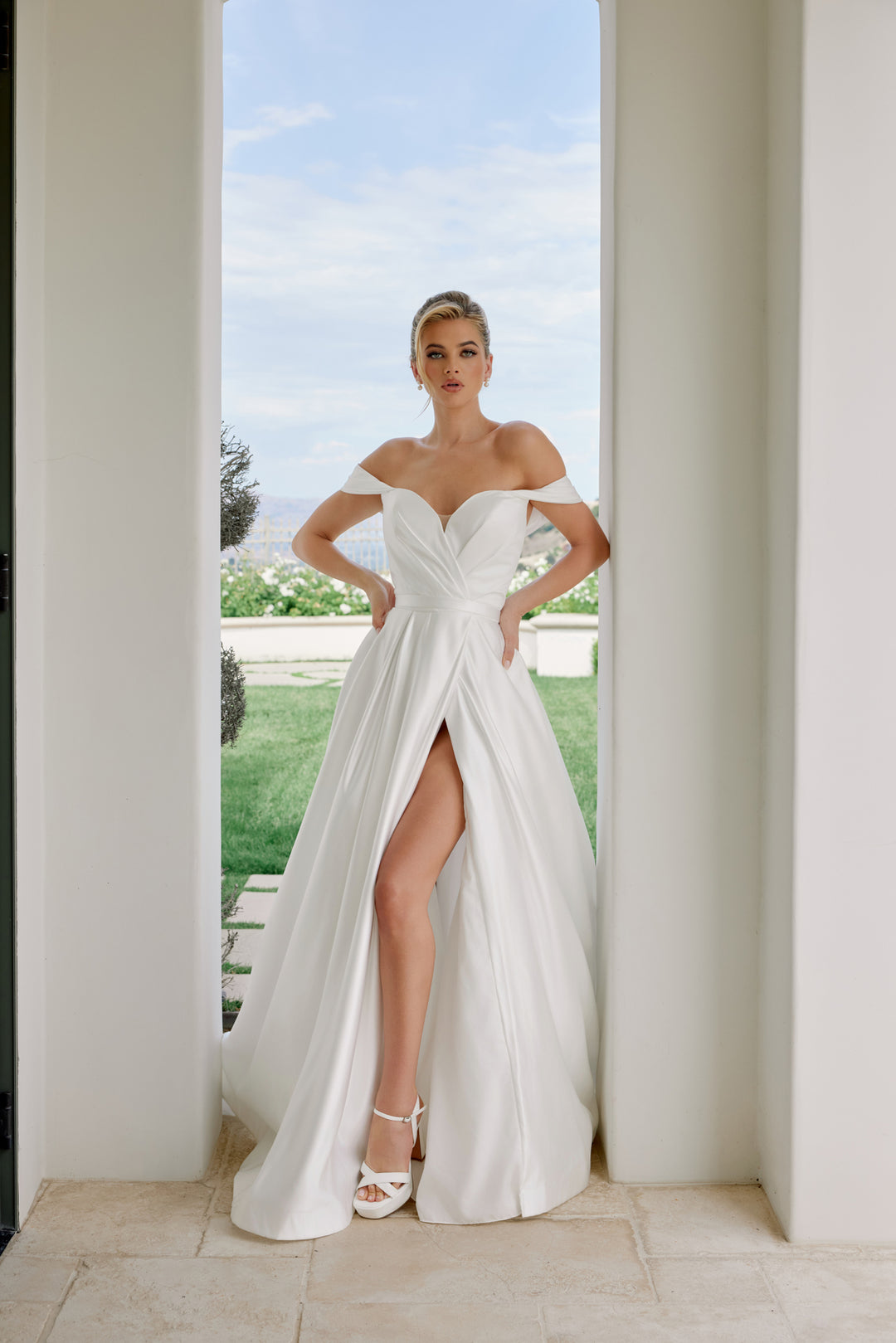 Satin Off Shoulder Slit Bridal Gown by Nox Anabel JE1016 14 / White Satin Off Shoulder Slit Bridal Gown by Nox Anabel JE1016 14 / White