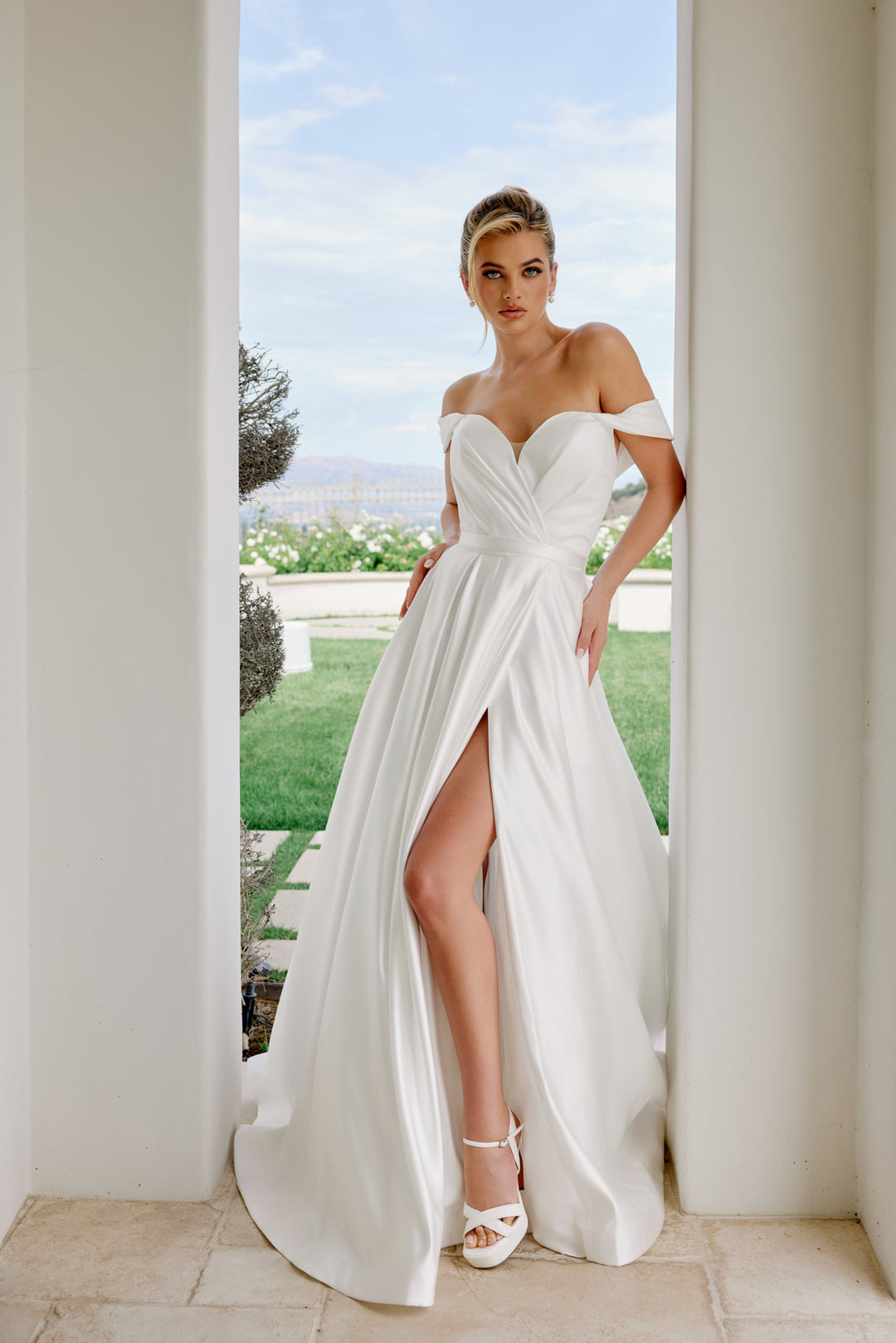 Satin Off Shoulder Slit Bridal Gown by Nox Anabel JE1016
