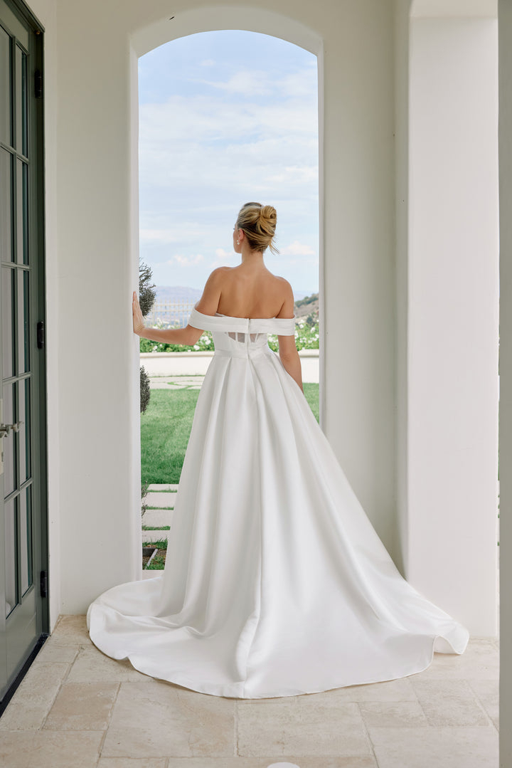 Satin Off Shoulder Slit Bridal Gown by Nox Anabel JE1016