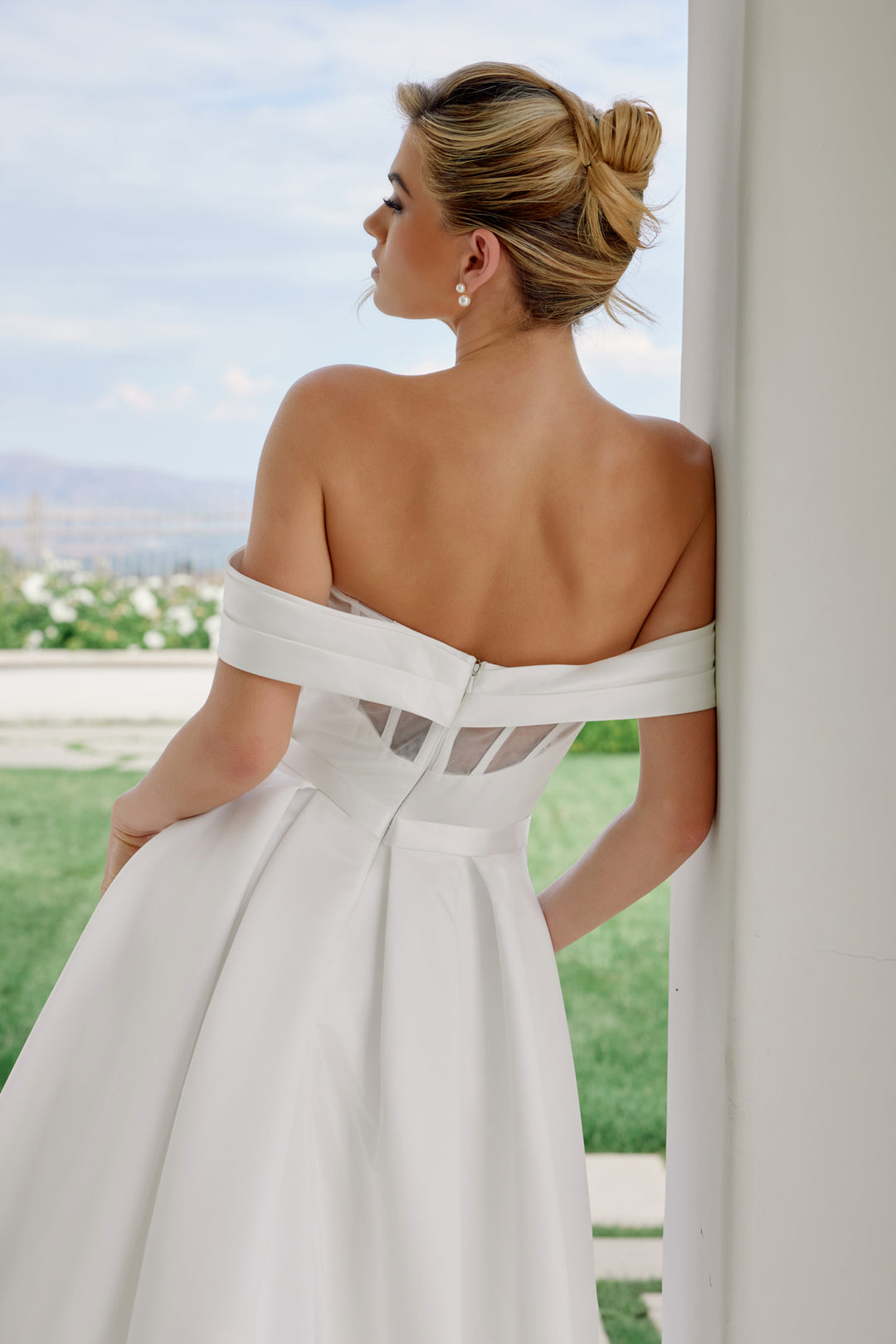 Satin Off Shoulder Slit Bridal Gown by Nox Anabel JE1016