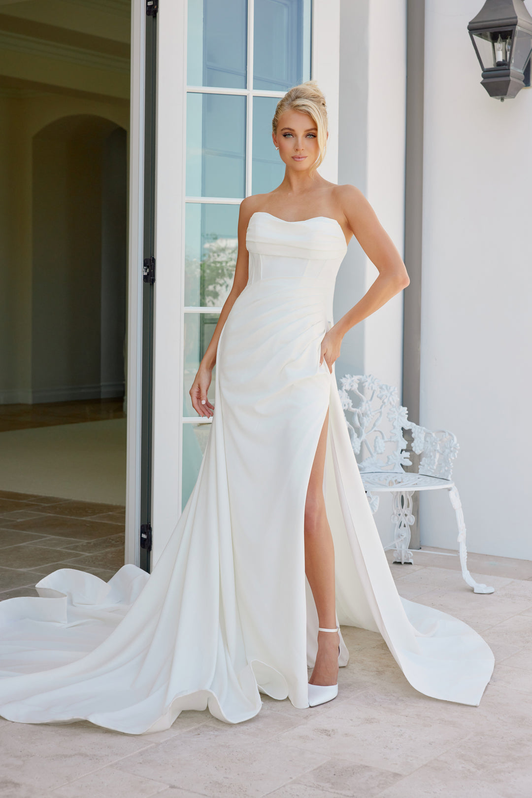 Slit Long A Line Wedding Dress Nox Anabel JW938 - White / 14 Slit Long A Line Wedding Dress Nox Anabel JW938 - White / 14