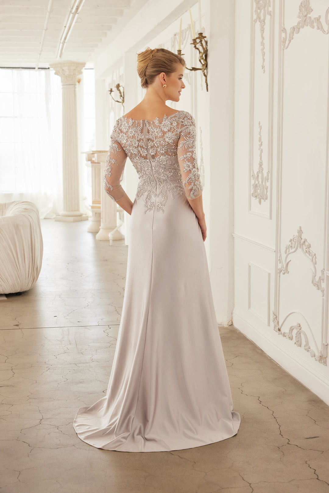 Beaded 3/4 Sleeve Slit Gown by Nox Anabel ME126