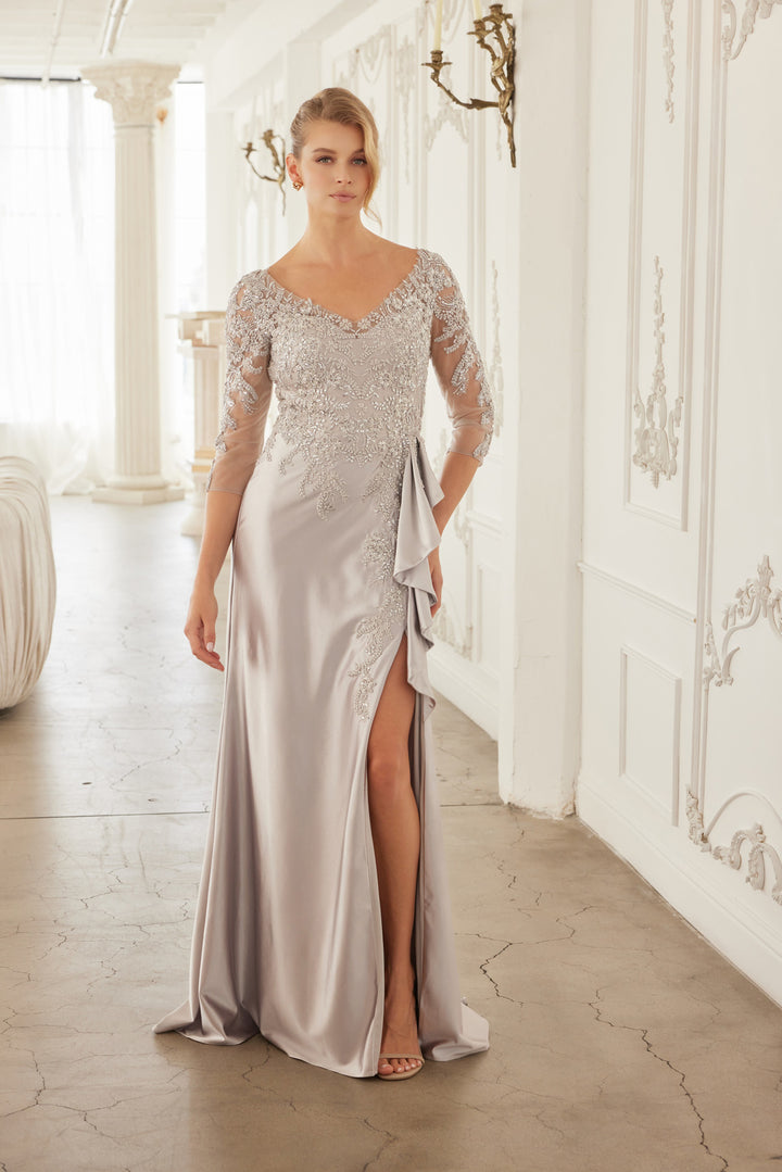 Beaded 3/4 Sleeve Slit Gown by Nox Anabel ME126
