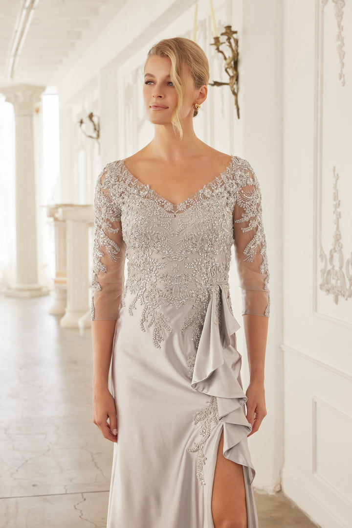 Beaded 3/4 Sleeve Slit Gown by Nox Anabel ME126