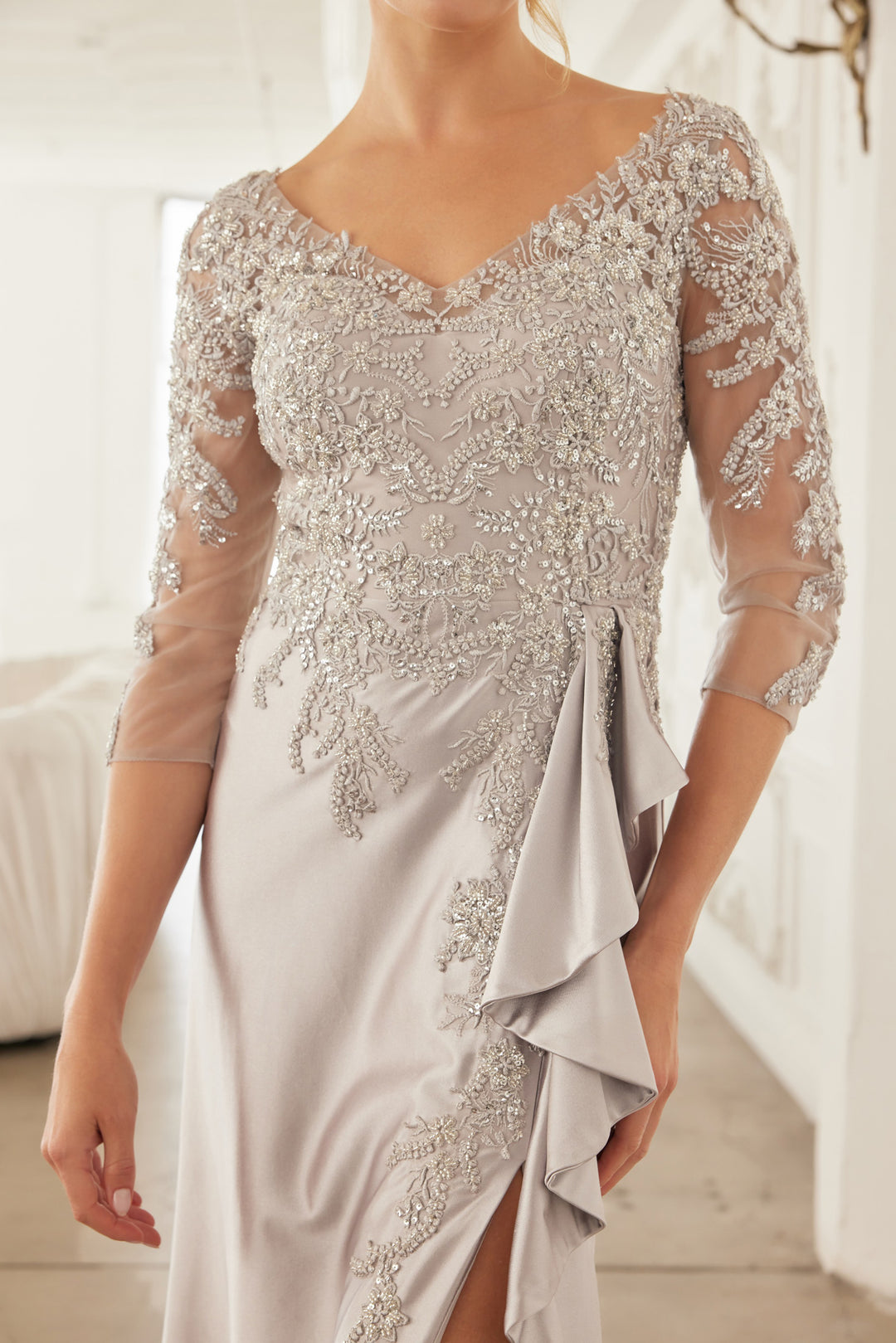 Beaded 3/4 Sleeve Slit Gown by Nox Anabel ME126