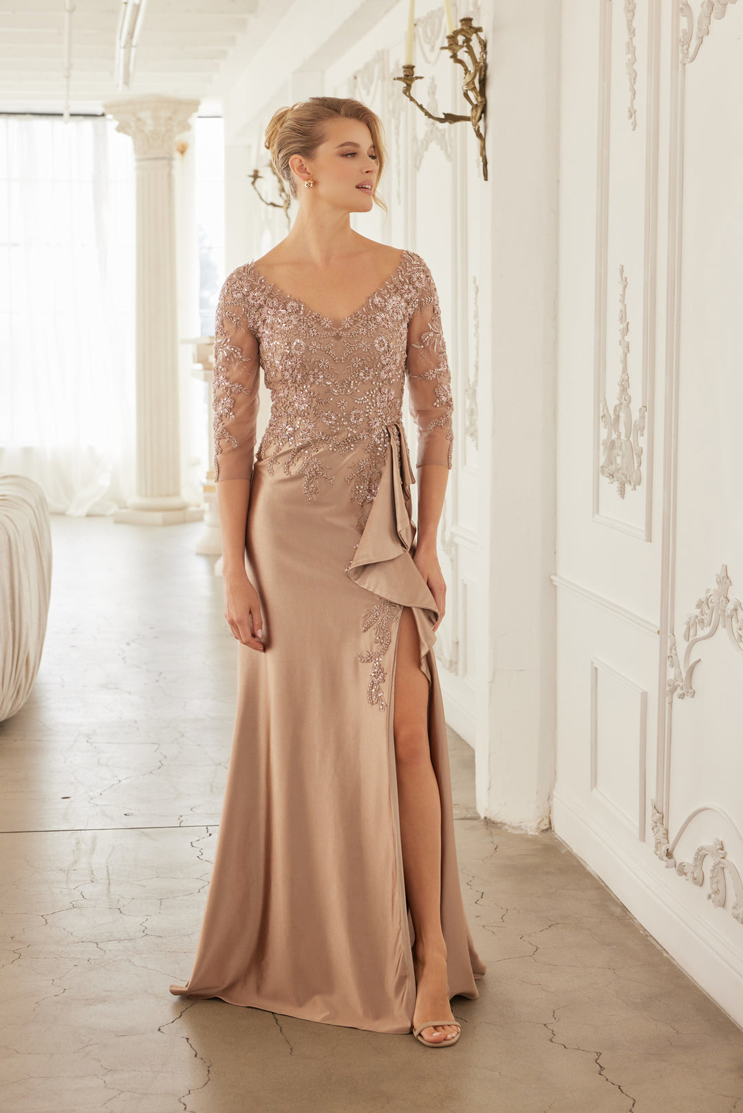 Beaded 3/4 Sleeve Slit Gown by Nox Anabel ME126