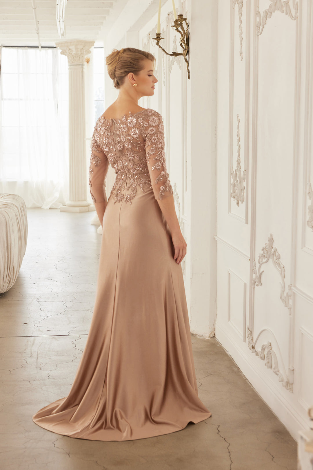 Beaded 3/4 Sleeve Slit Gown by Nox Anabel ME126