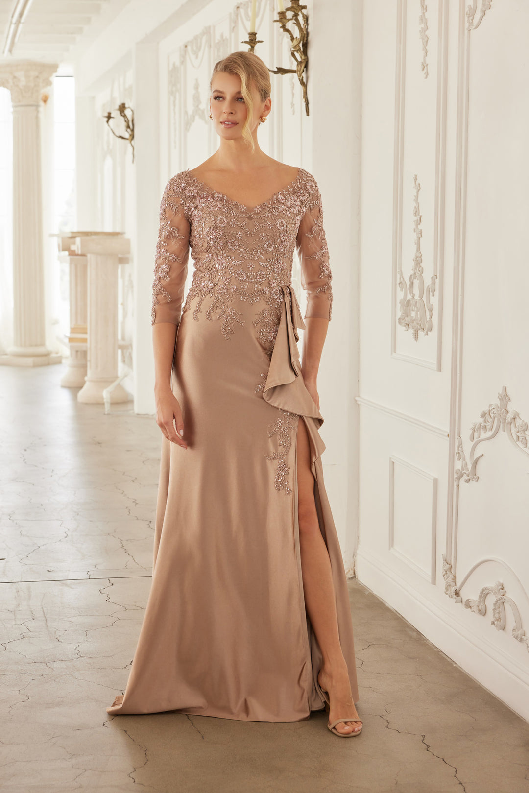 Beaded 3/4 Sleeve Slit Gown by Nox Anabel ME126