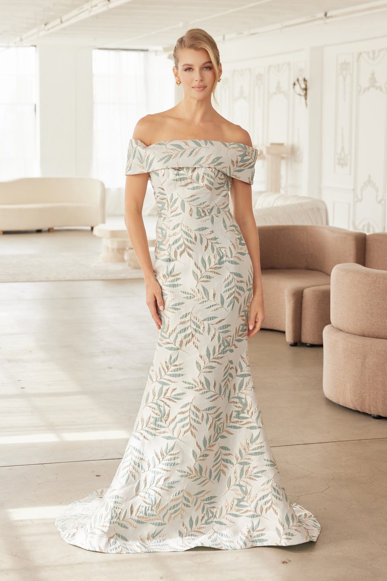 Jacquard Off Shoulder Gown by Nox Anabel MJ134 – ABC Fashion