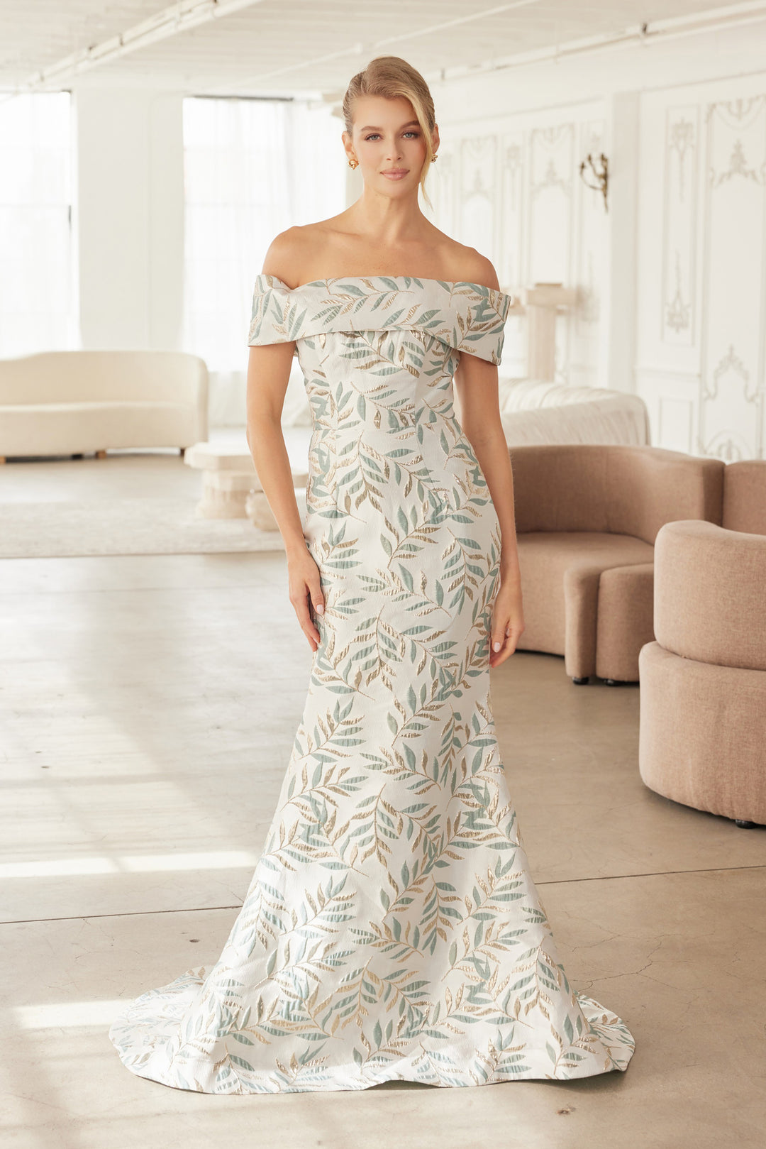 Nox Anabel MJ134 Stunning Jacquard Off-Shoulder Gown Champagne / 14W