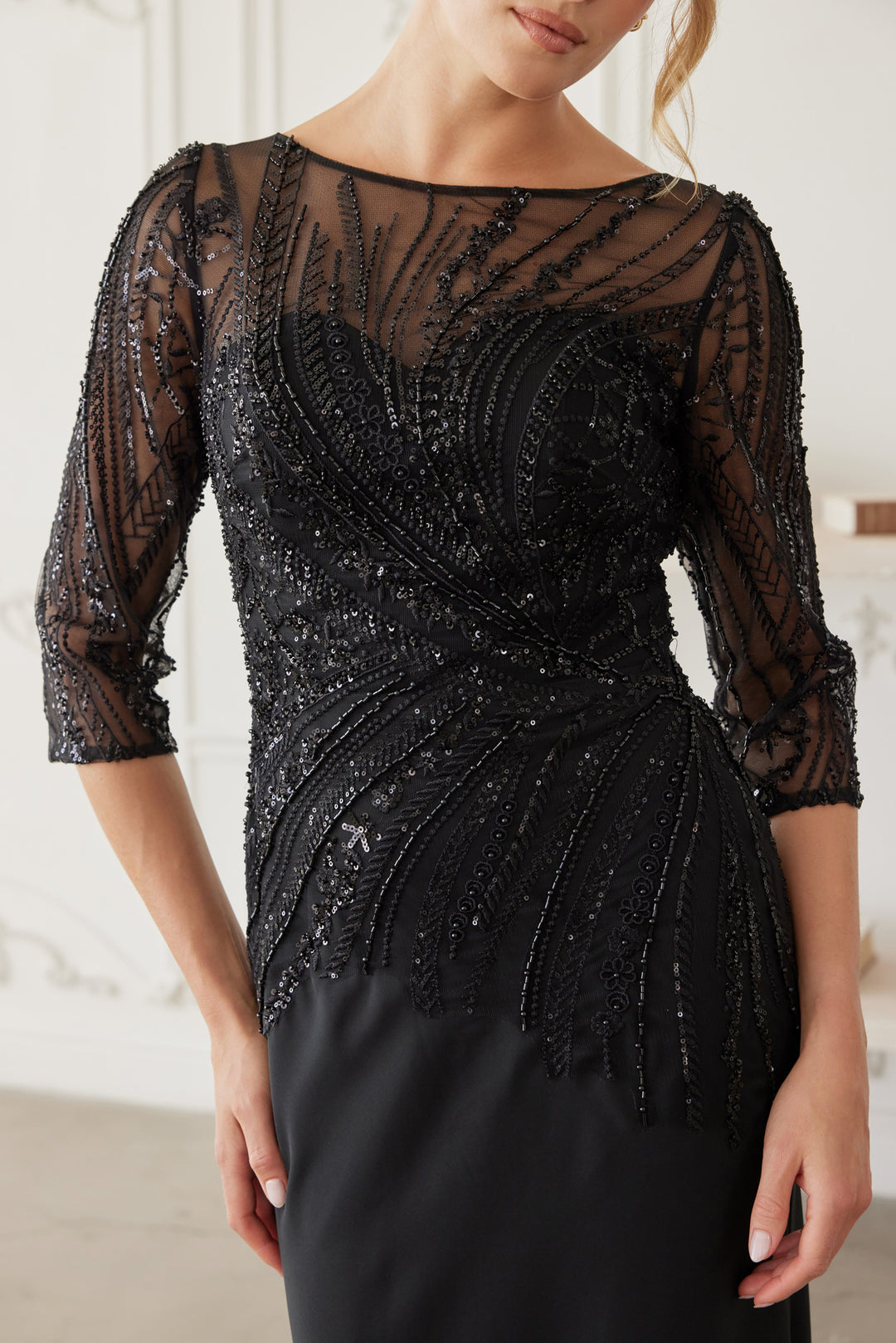 Beaded 3/4 Sleeve Gown by Nox Anabel MH137