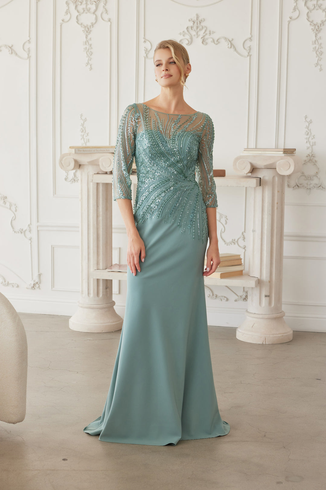 Nox Anabel MH137 Long Sleeve Mother of the Bride Dress with Elegant Beaded 3/4 Sleeves Green / 16W