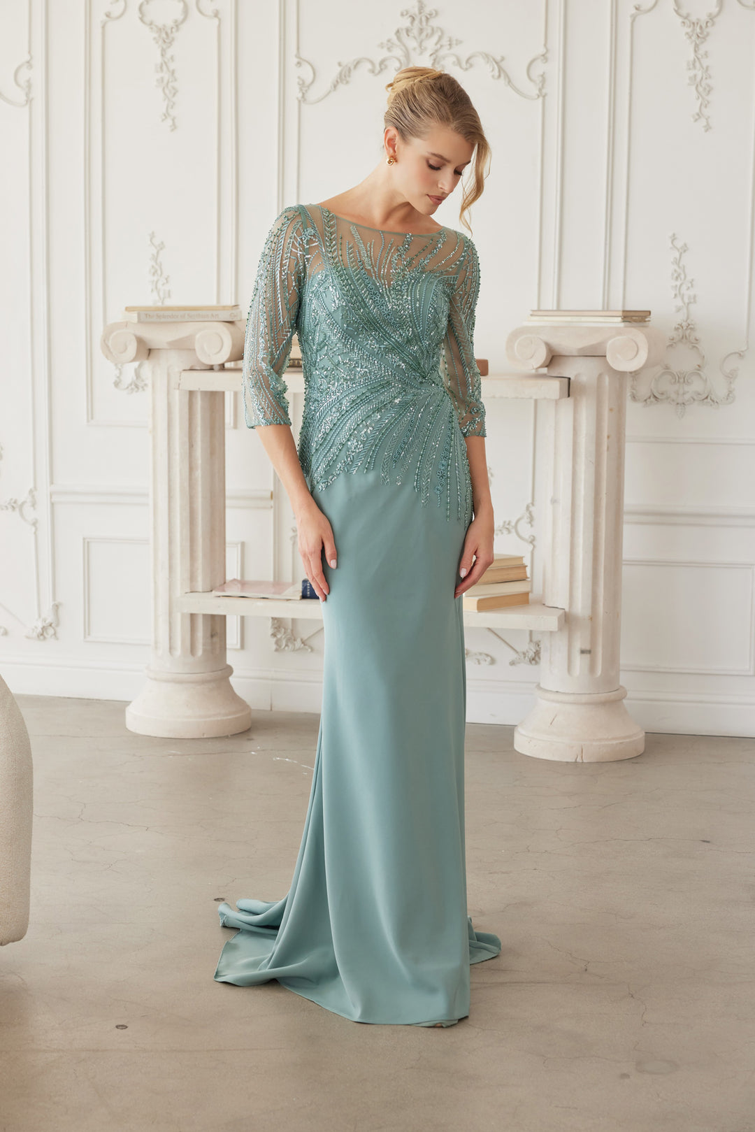 Beaded 3/4 Sleeve Gown by Nox Anabel MH137