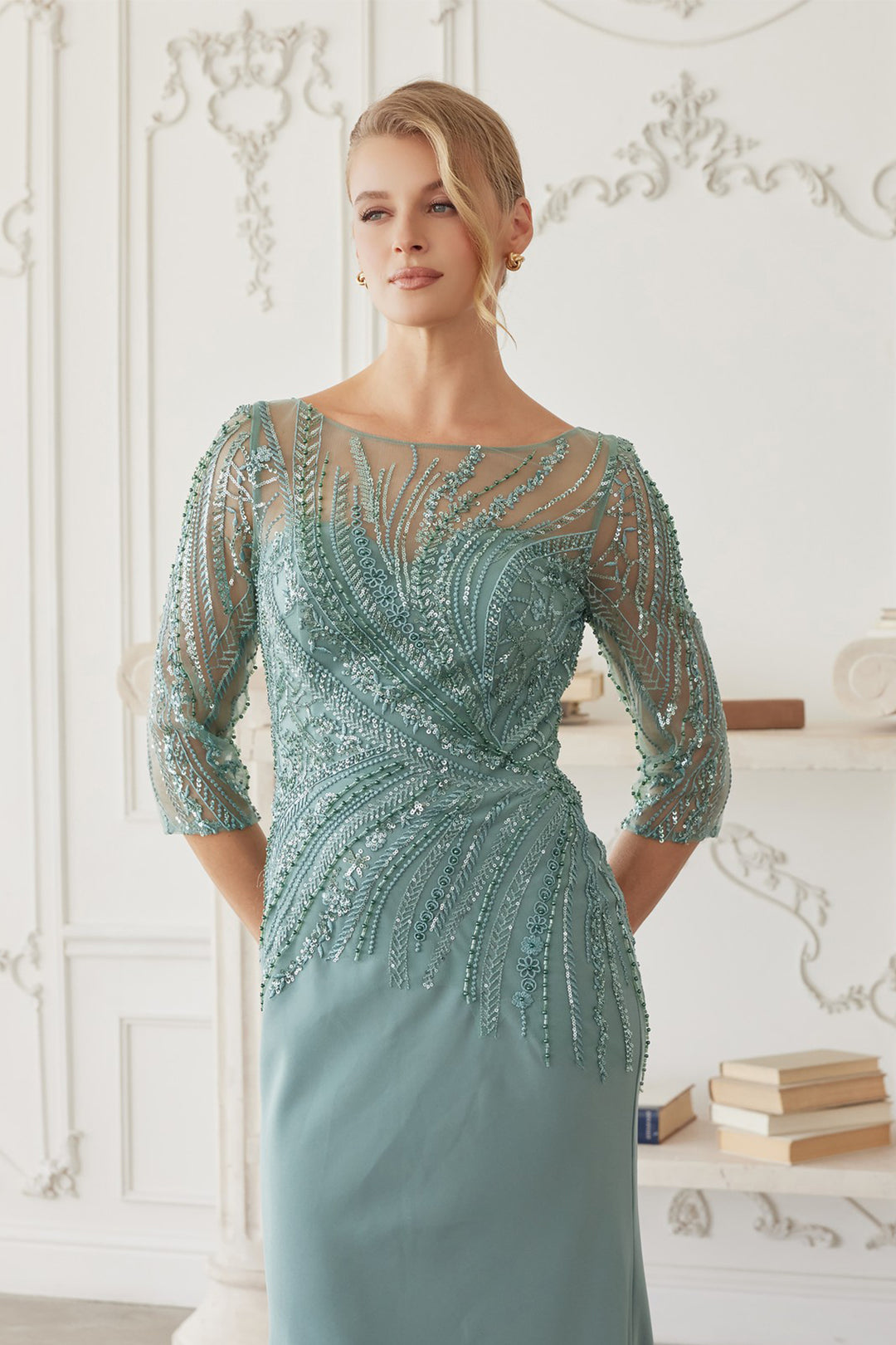 Beaded 3/4 Sleeve Gown by Nox Anabel MH137
