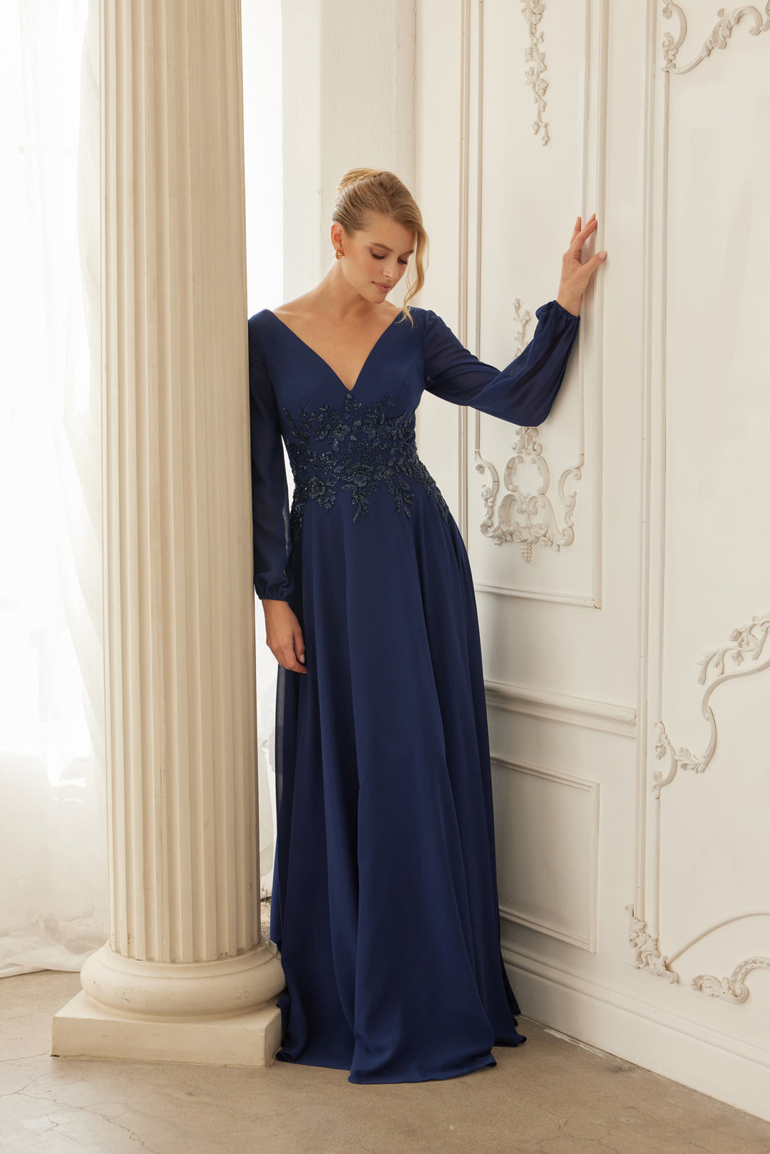 Chiffon Long Sleeve Gown by Nox Anabel ME128