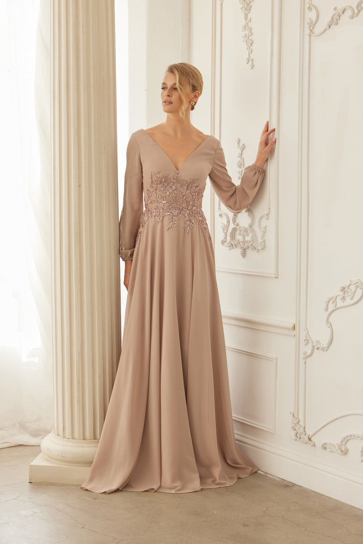 Chiffon Long Sleeve Gown by Nox Anabel ME128
