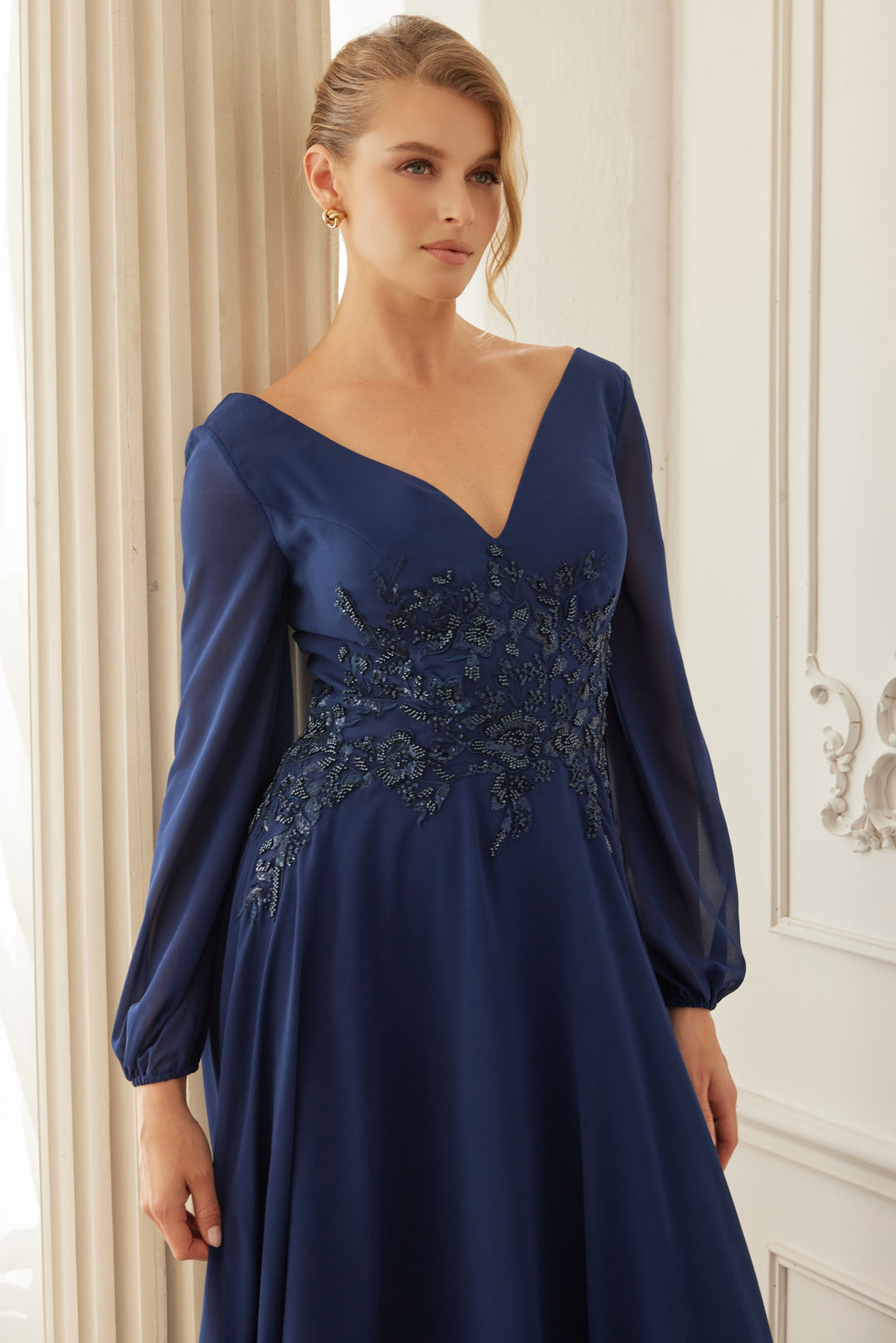 Chiffon Long Sleeve Gown by Nox Anabel ME128 18W / Cappuccino