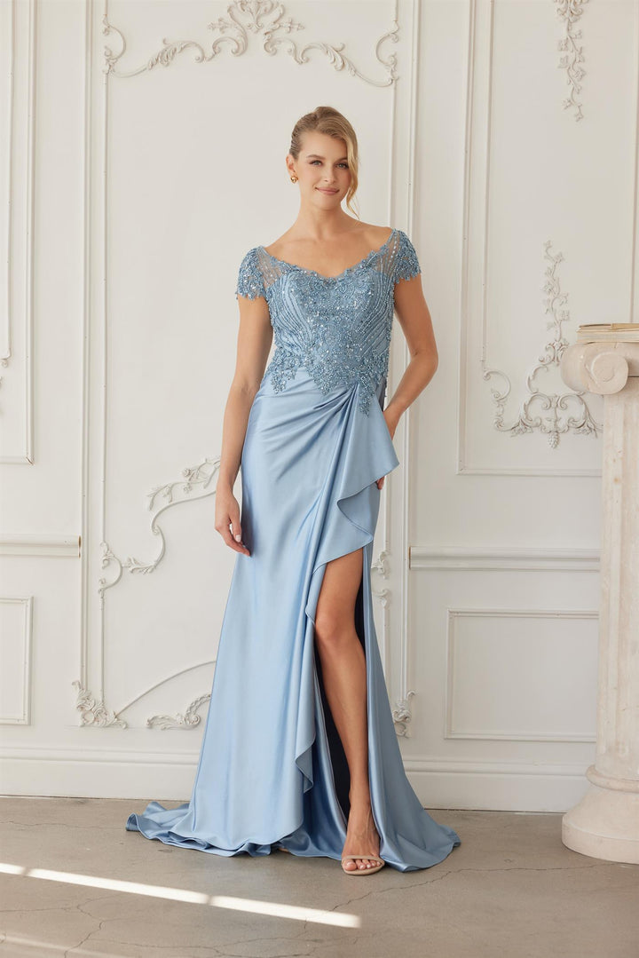 Beaded Short Sleeve Slit Gown by Nox Anabel MD155