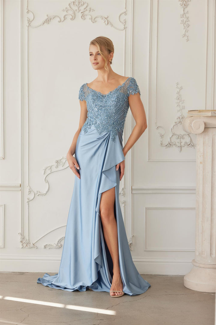 Beaded Short Sleeve Slit Gown by Nox Anabel MD155