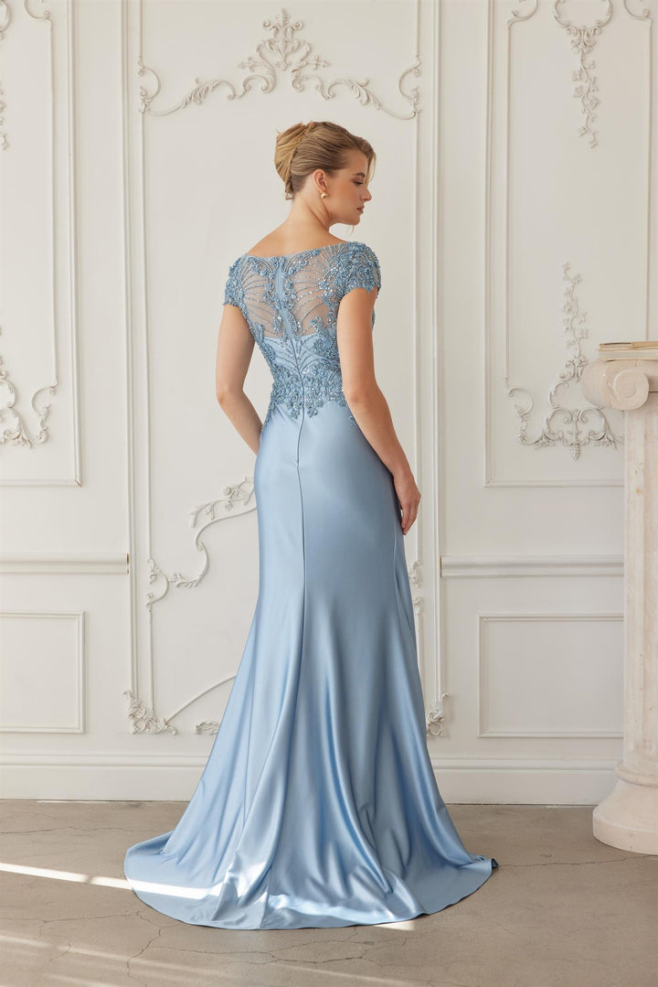 Beaded Short Sleeve Slit Gown by Nox Anabel MD155