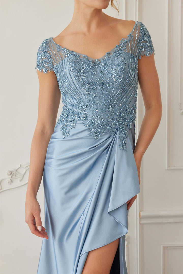 Beaded Short Sleeve Slit Gown by Nox Anabel MD155