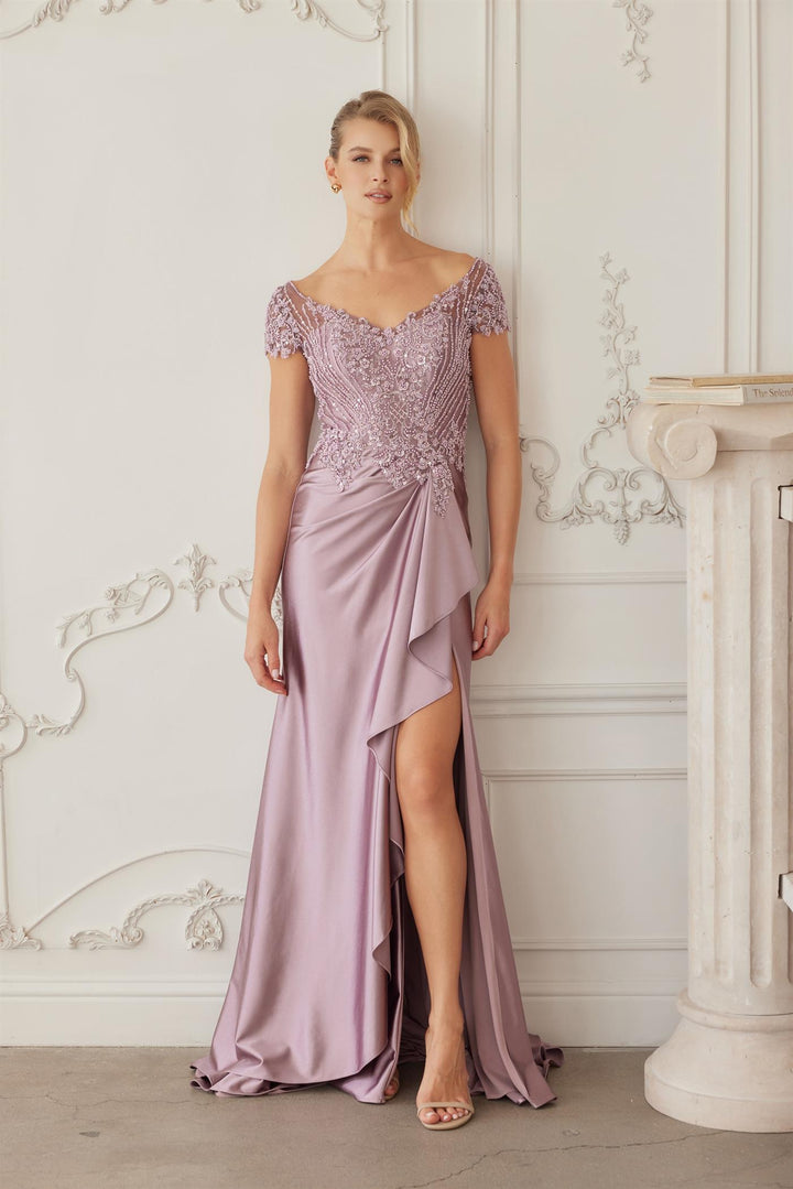 Beaded Short Sleeve Slit Gown by Nox Anabel MD155