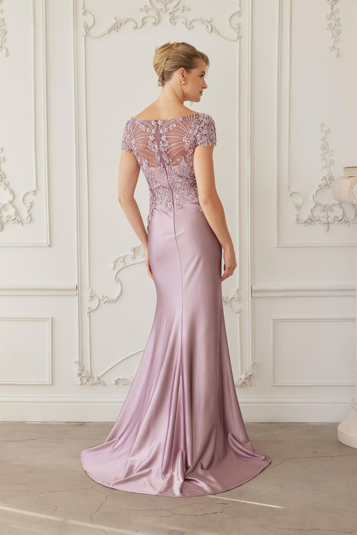 Beaded Short Sleeve Slit Gown by Nox Anabel MD155