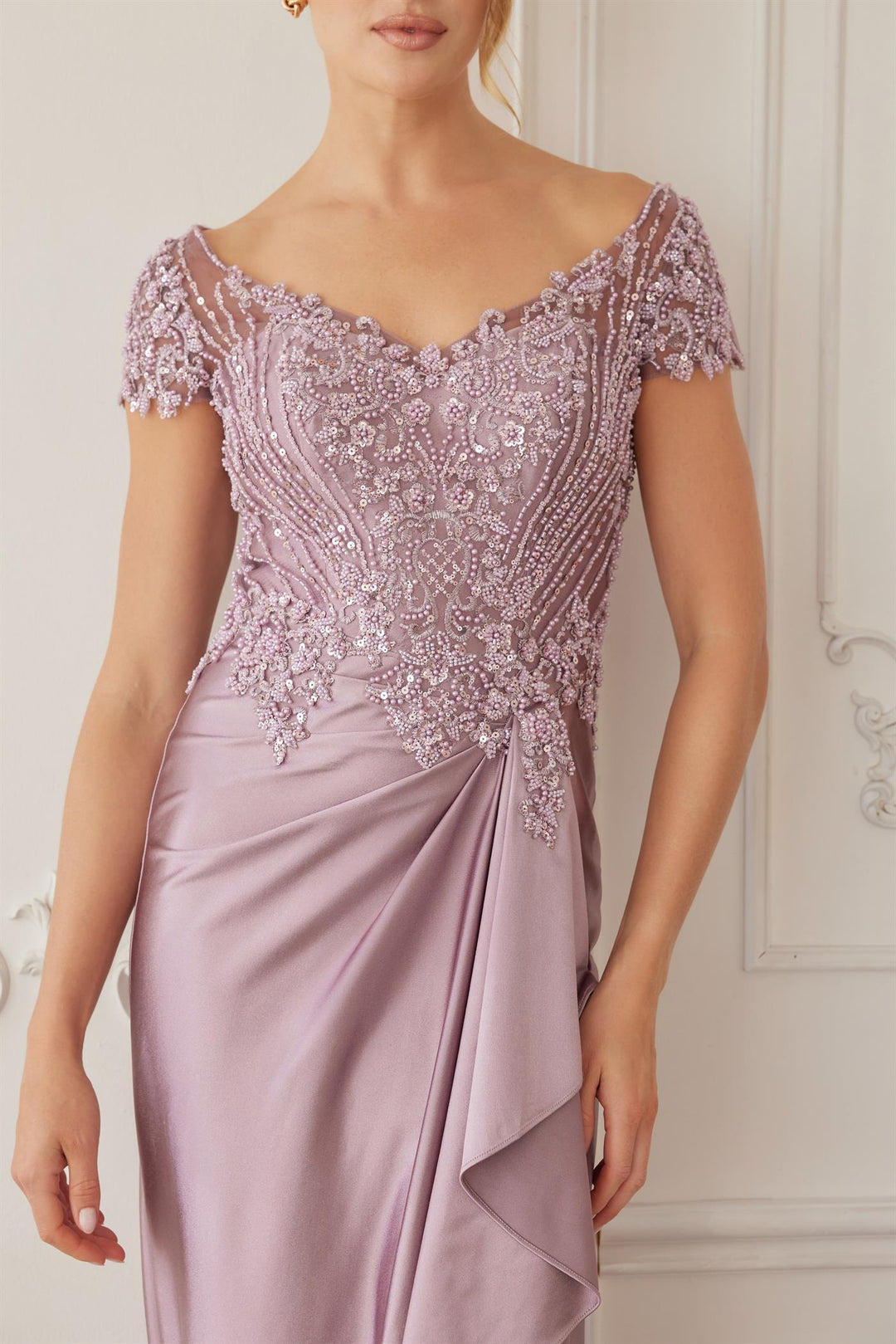 Beaded Short Sleeve Slit Gown by Nox Anabel MD155