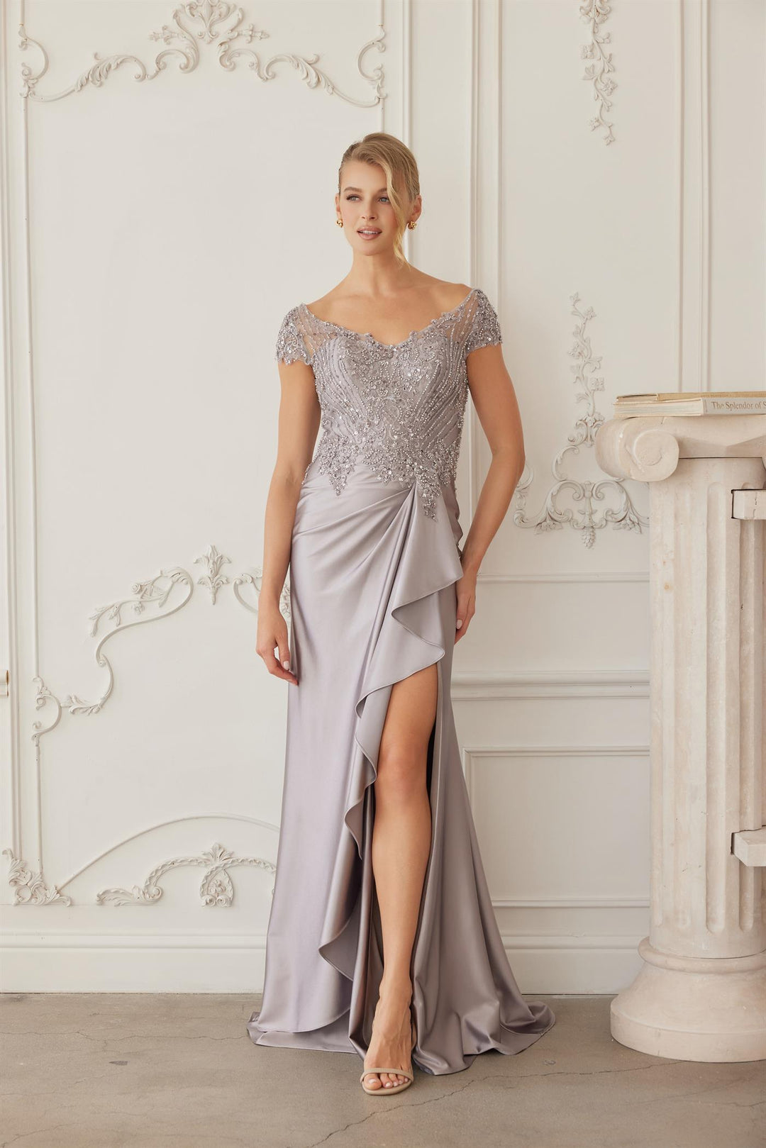 Beaded Short Sleeve Slit Gown by Nox Anabel MD155 12W / Dusty Pink