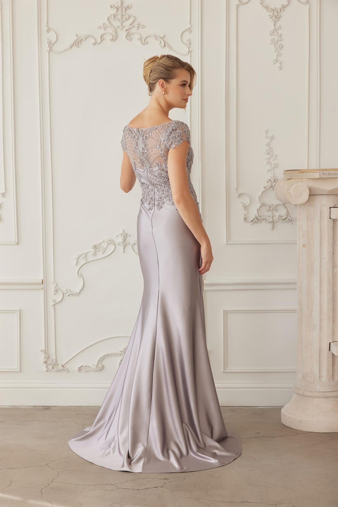 Beaded Short Sleeve Slit Gown by Nox Anabel MD155