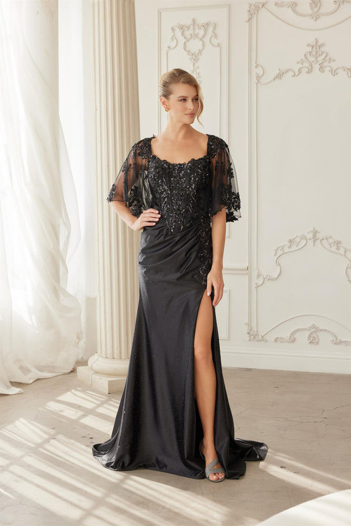 Beaded Flutter Sleeve Slit Gown by Nox Anabel ME153