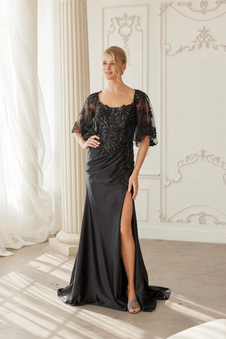 Beaded Flutter Sleeve Slit Gown by Nox Anabel ME153