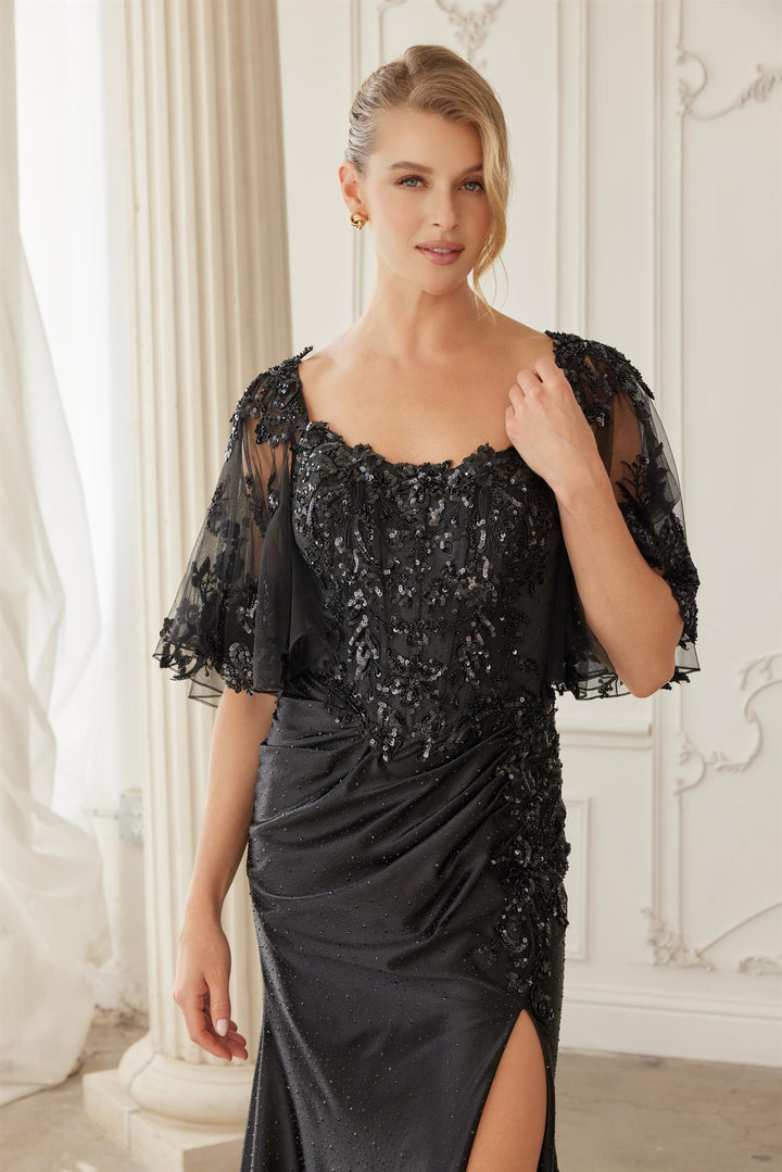 Beaded Flutter Sleeve Slit Gown by Nox Anabel ME153