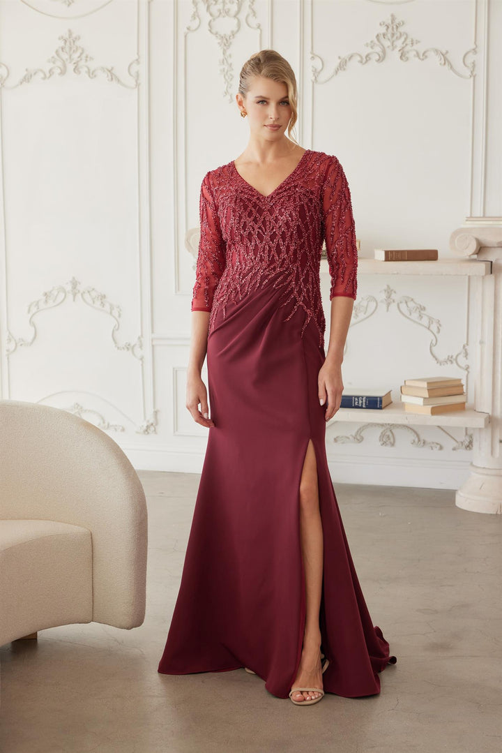 Beaded 3/4 Sleeve Slit Gown by Nox Anabel MH161