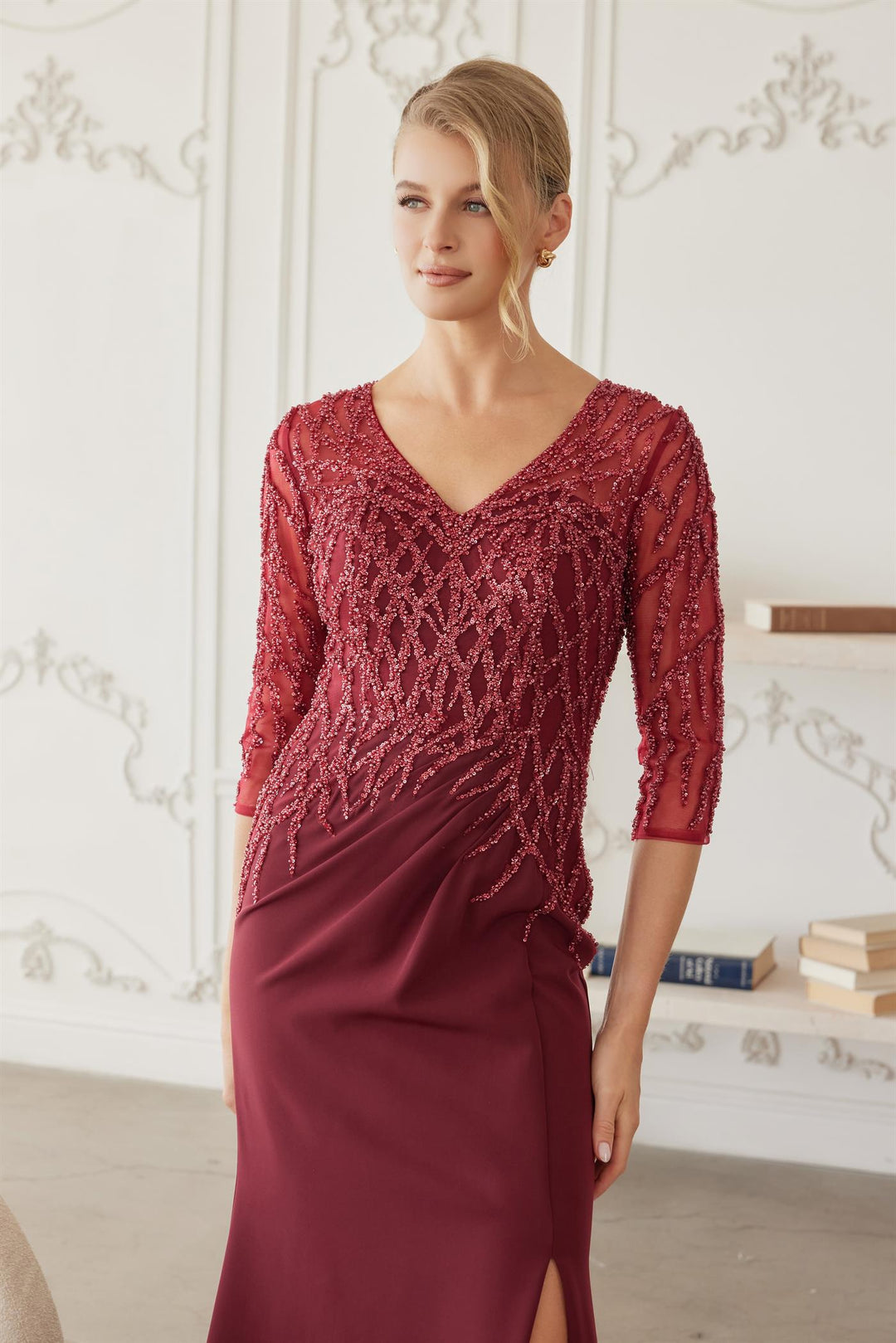 Beaded 3/4 Sleeve Slit Gown by Nox Anabel MH161